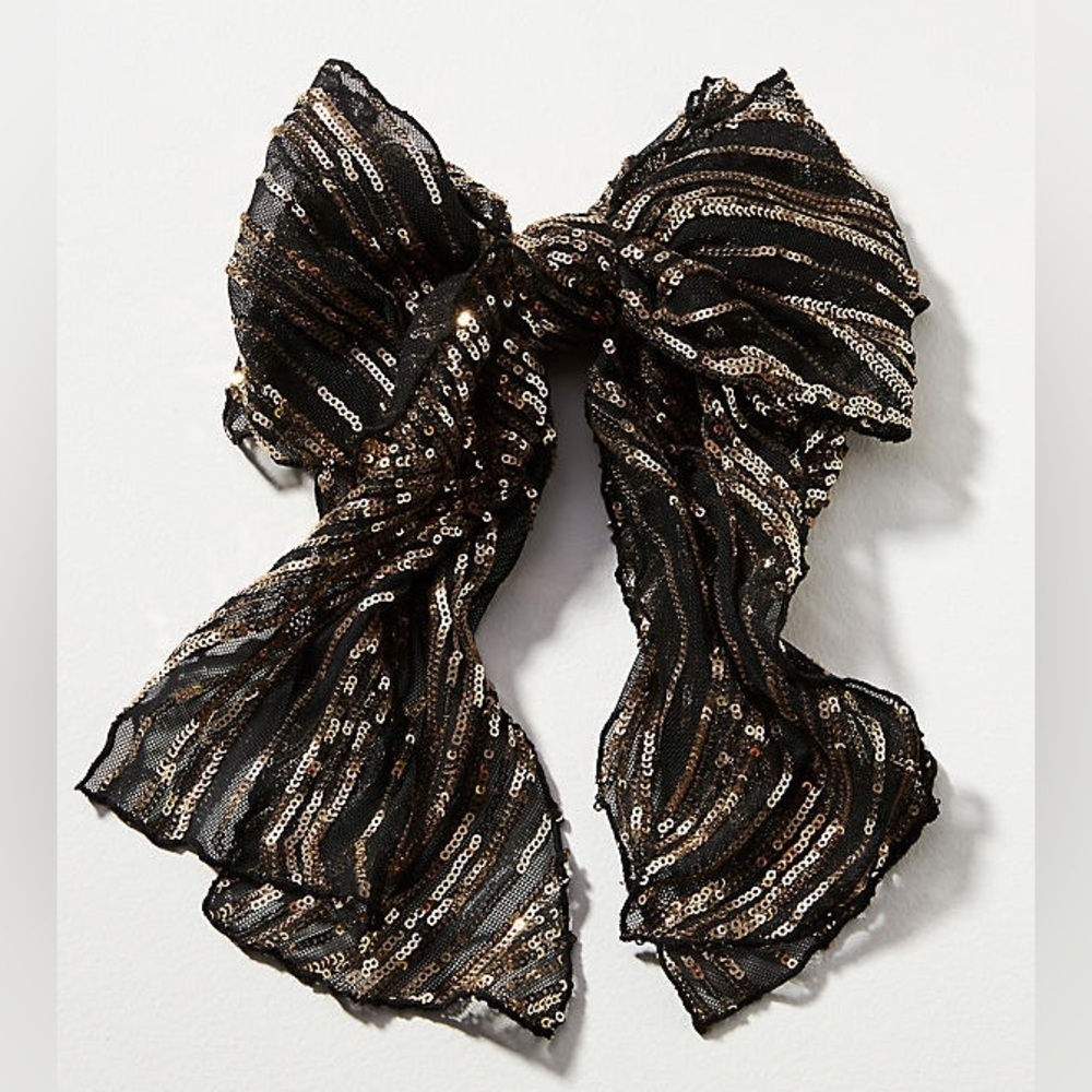 ANTHROPOLOGIE Gold Sequined Metallic Oversized Bow Barrette NWT